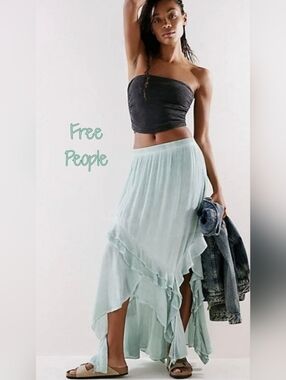 Free People If Only Sea Foam Ruffle HighLow Maxi Skirt Size M Color Turquoise
